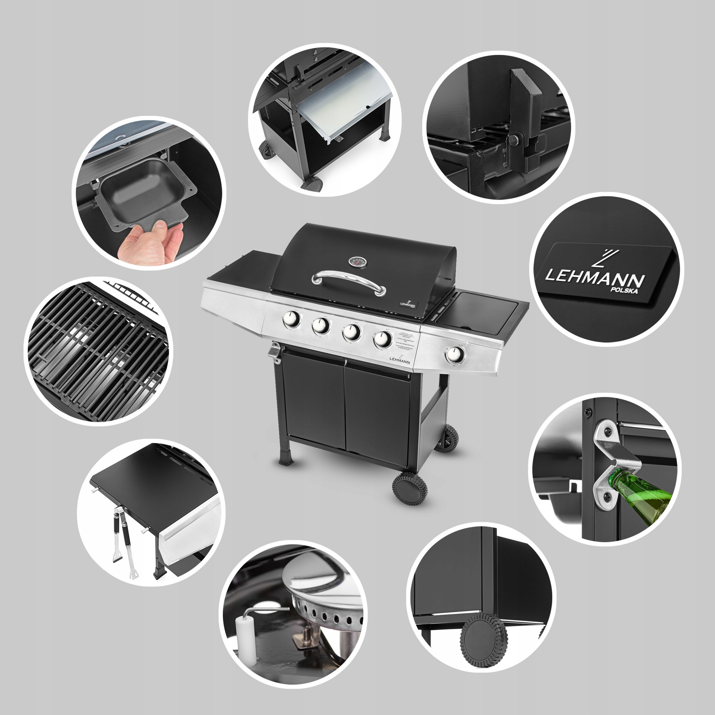 MOCNY GRILL GAZOWY LEHMANN OHIO 4+1 ŻELIWNY RUSZT + POKROWIEC Szerokość rusztu 33 cm