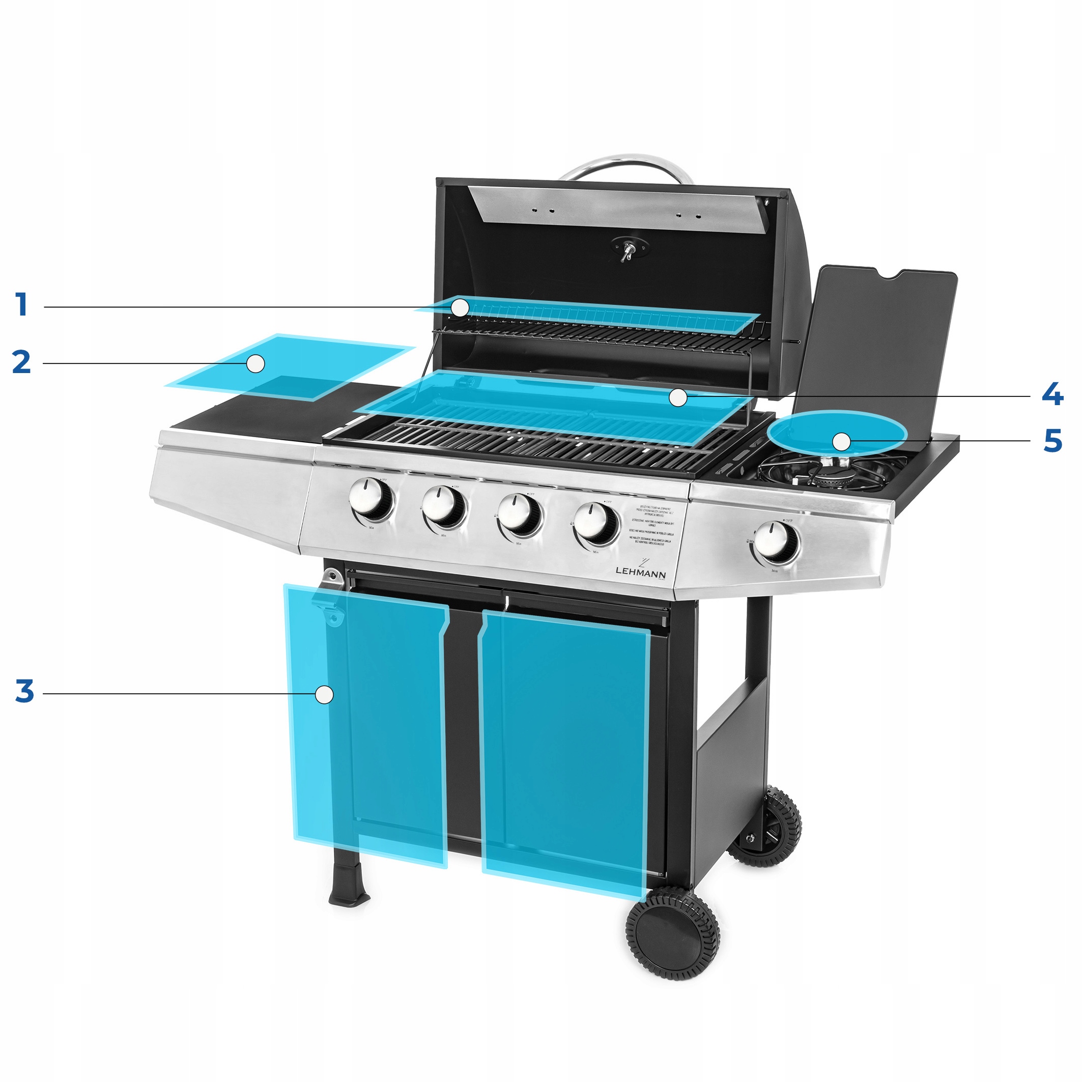 MOCNY GRILL GAZOWY LEHMANN OHIO 4+1 ŻELIWNY RUSZT + POKROWIEC Waga 26.4 kg