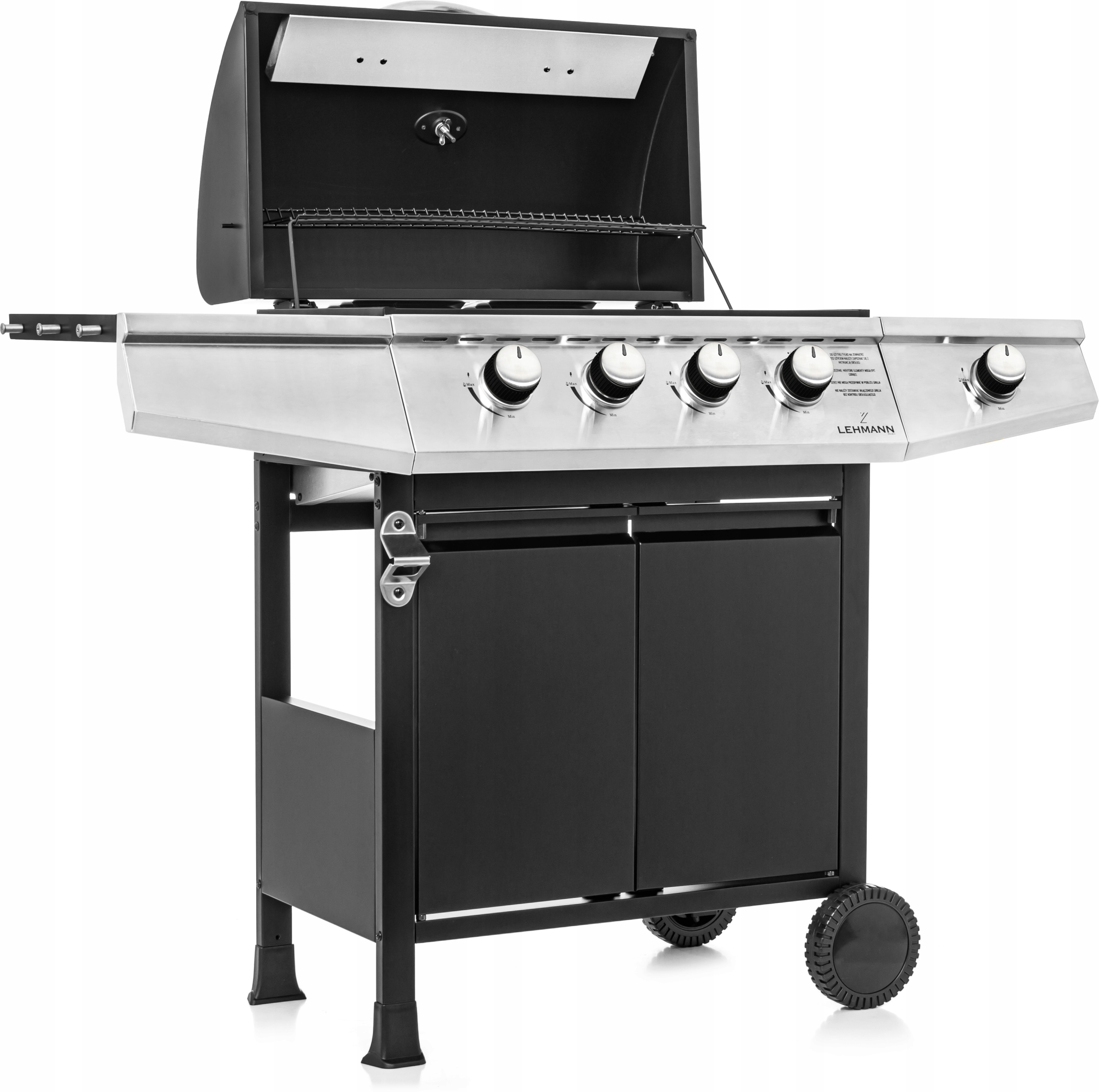MOCNY GRILL GAZOWY LEHMANN OHIO 4+1 ŻELIWNY RUSZT + POKROWIEC Cechy dodatkowe kółka nienagrzewający się uchwyt nieprzywierająca powłoka palnik boczny do gotowania pojemnik na tłuszcz pokrowiec pokrywa półka regulacja temperatury szafka termometr wiatrochron