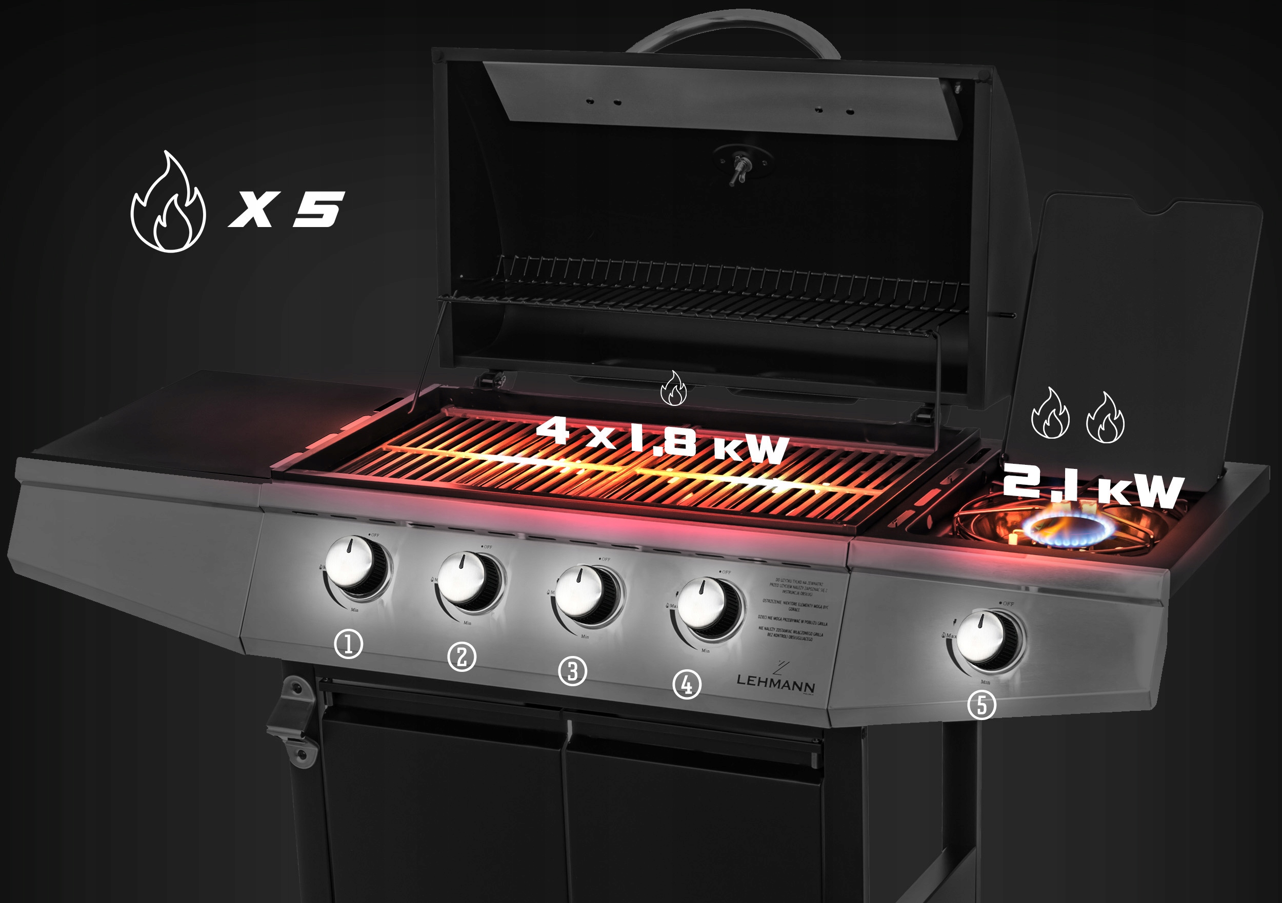MOCNY GRILL GAZOWY LEHMANN OHIO 4+1 ŻELIWNY RUSZT + POKROWIEC Moc 9 kW